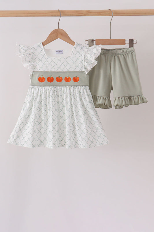 Sage Pumpkin Embroidery Bow Ruffle Shorts Set - Perfect for Little Ones