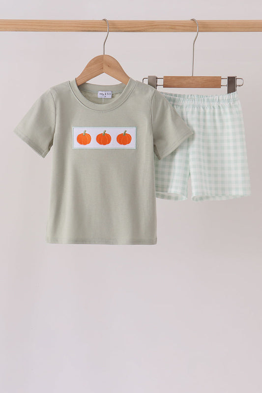 Sage Pumpkin Embroidery Shorts Set - Adorable Baby Boy Look
