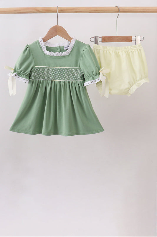 Sage Collar Smocked Lace Bloomer Set – Precious Girls Heirloom-Style Set