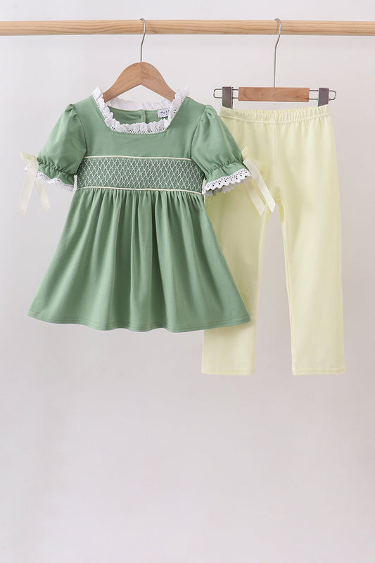 Sage Collar Smocked Lace Pants Set - Effortlessly Elegant Little Girl Look
