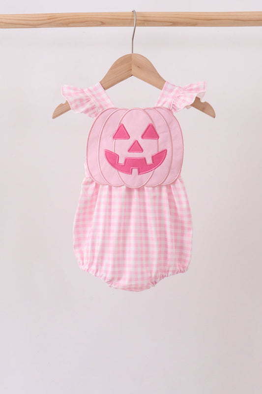 Pink Jack-O-Lantern Applique Ruffle Gingham Bubble – Halloween Baby Girl One-Piece