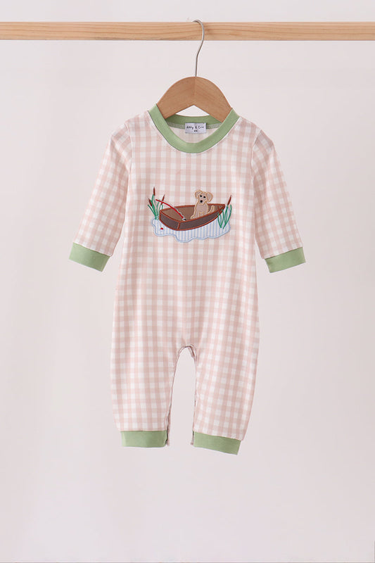 Khaki Puppy Fishing Gingham Romper - Adorable Baby Boy Look