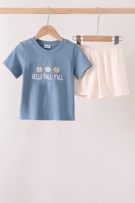 Blue Hallo Fall Y'ALL Pumpkin Shorts Set - Perfect for Little Ones