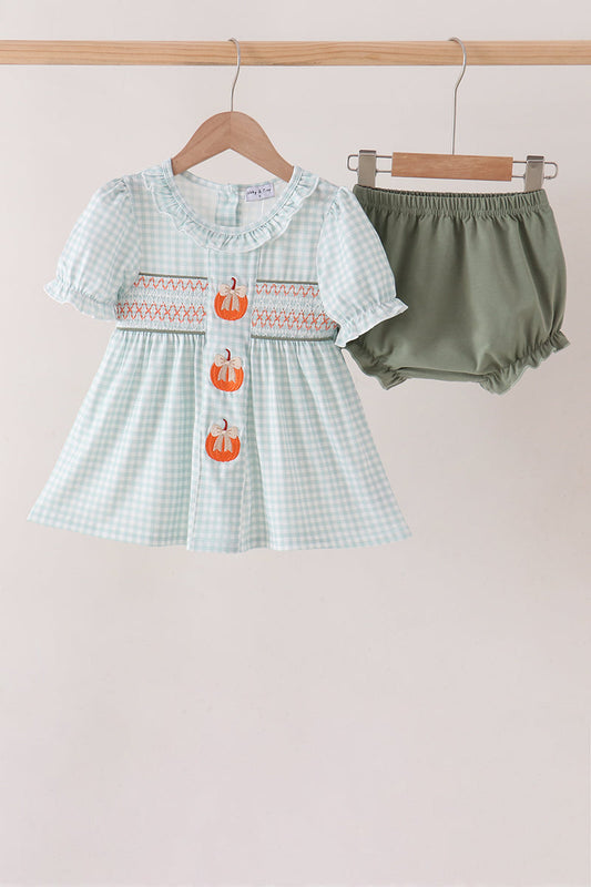 Sage Pumpkin Smocked Gingham Bloomer Set - Perfect for Little Ones