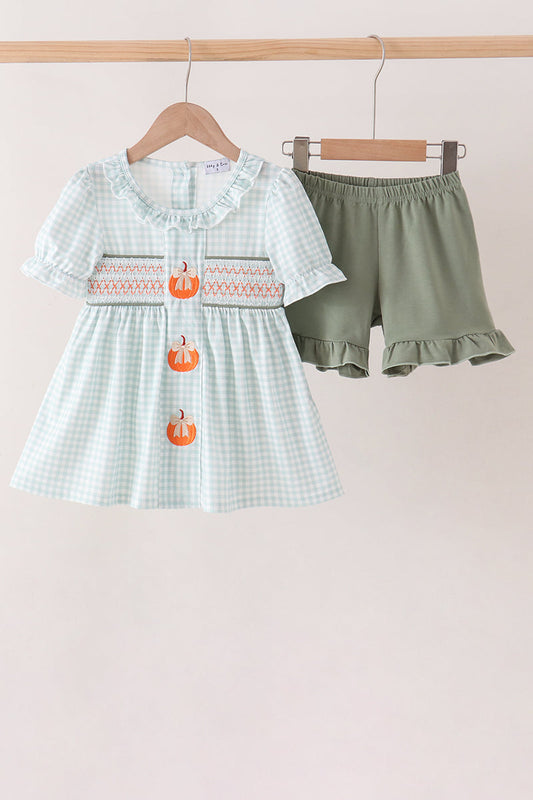 Sage Pumpkin Smocked Gingham Ruffle Shorts Set - Perfect for Little Ones