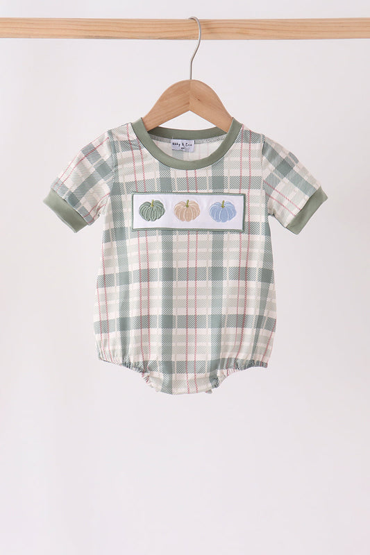 Green Pumpkin Embroidery Plaid Bubble - Perfect for Little Ones