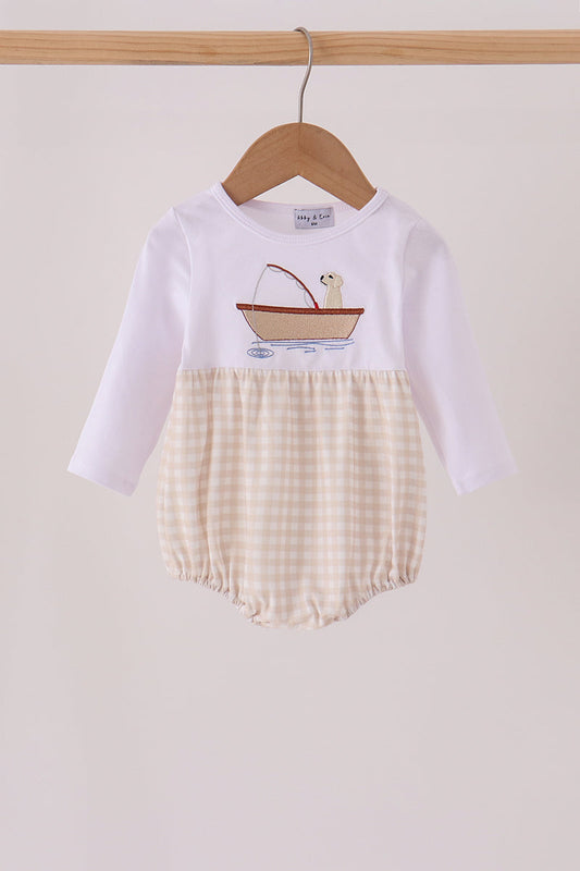 Khaki Puppy Fishing Embroidery Bubble - Adorable Baby Boy Look