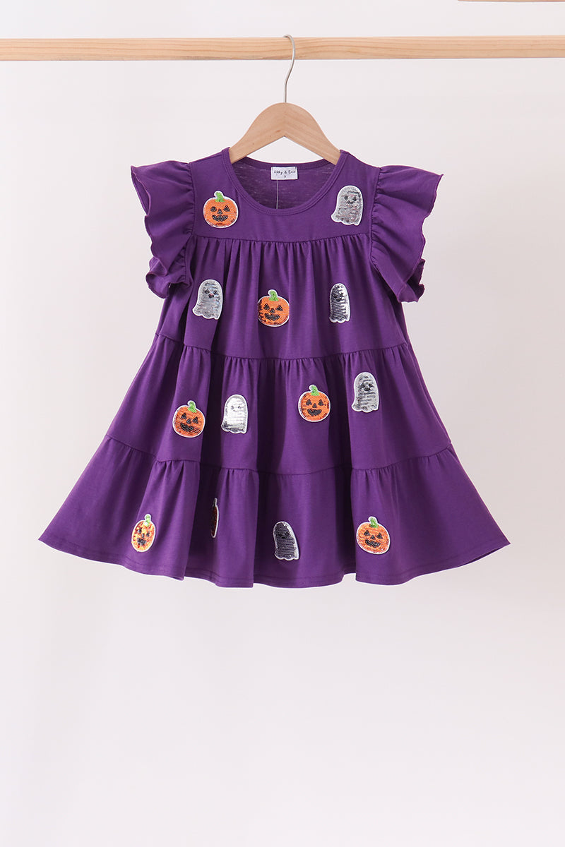 Purple Ghost Pumpkin Sequin Ruffle Dress - Perfect for Little Ones