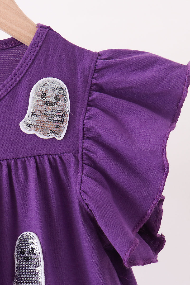 Purple Ghost Pumpkin Sequin Ruffle Dress - Perfect for Little Ones