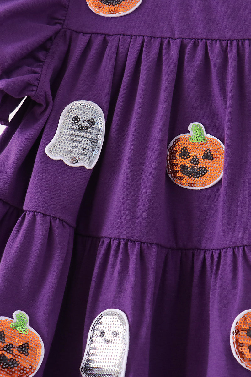 Purple Ghost Pumpkin Sequin Ruffle Dress - Perfect for Little Ones