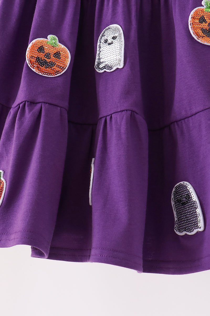 Purple Ghost Pumpkin Sequin Ruffle Dress - Perfect for Little Ones