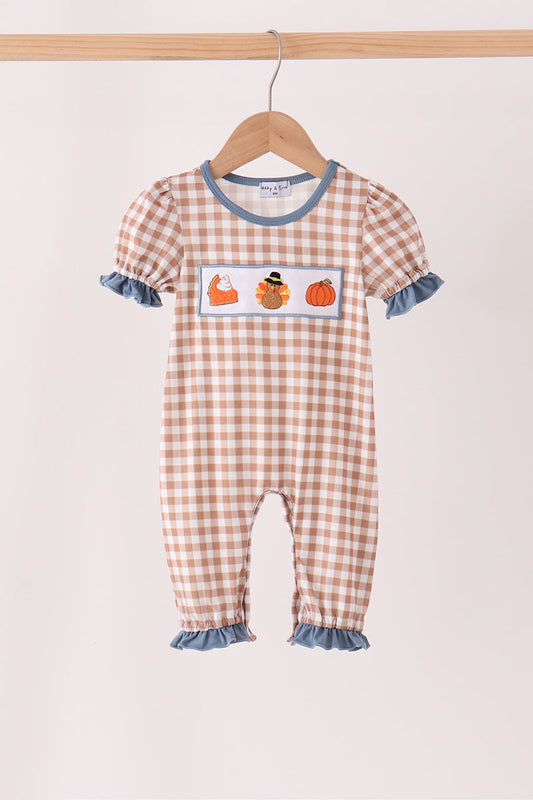 Brown Gingham Turkey & Pumpkin Ruffle Romper - Sweet Baby Girl Fall Style