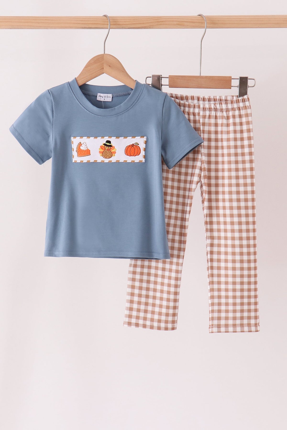 Blue Gingham Turkey & Pumpkin Pants Set - Sweet Fall Style for Boys