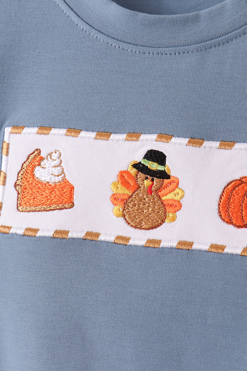 Blue Gingham Turkey & Pumpkin Pants Set - Sweet Fall Style for Boys