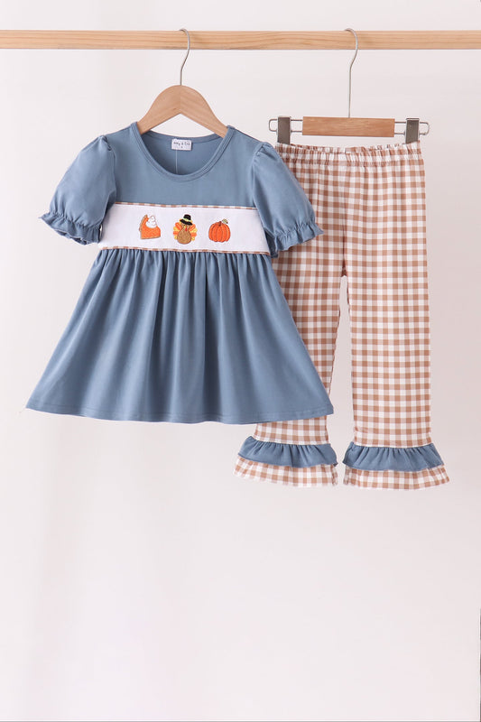 Blue Gingham Turkey & Pumpkin Ruffle Pants Set - Sweet Fall Style for Girls