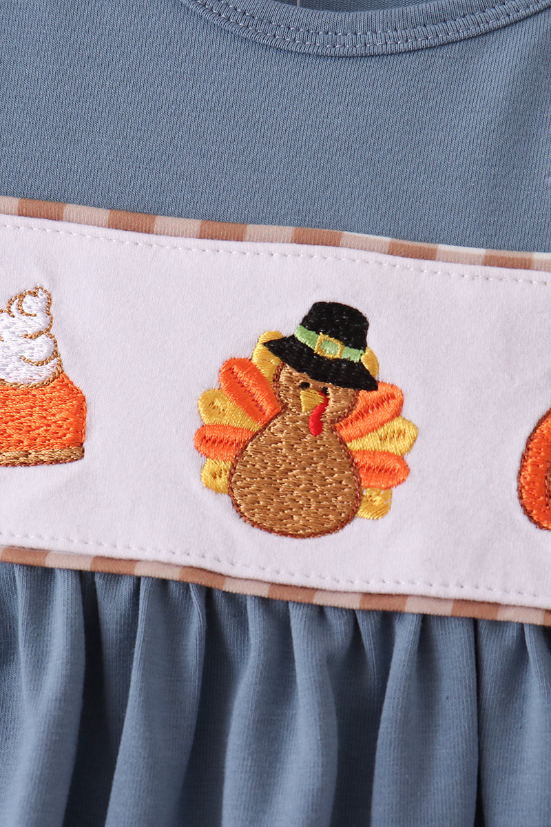 Blue Gingham Turkey & Pumpkin Ruffle Pants Set - Sweet Fall Style for Girls