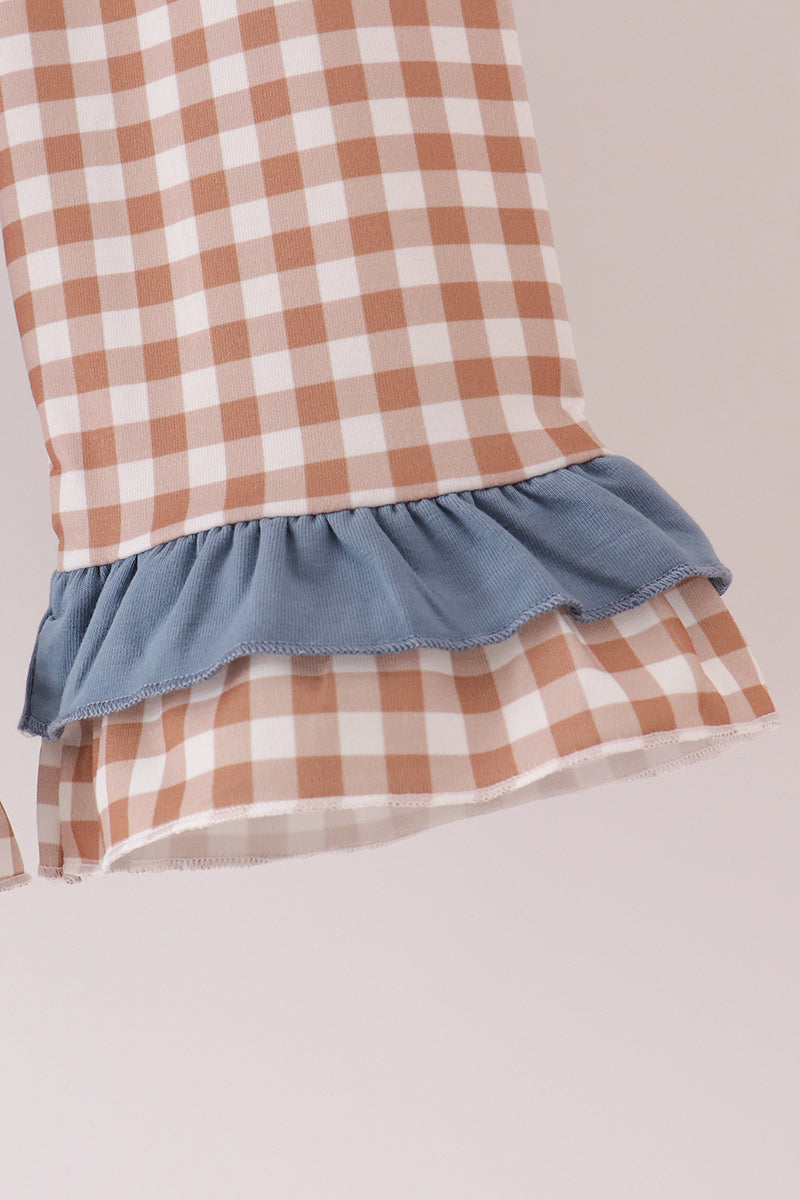 Blue Gingham Turkey & Pumpkin Ruffle Pants Set - Sweet Fall Style for Girls