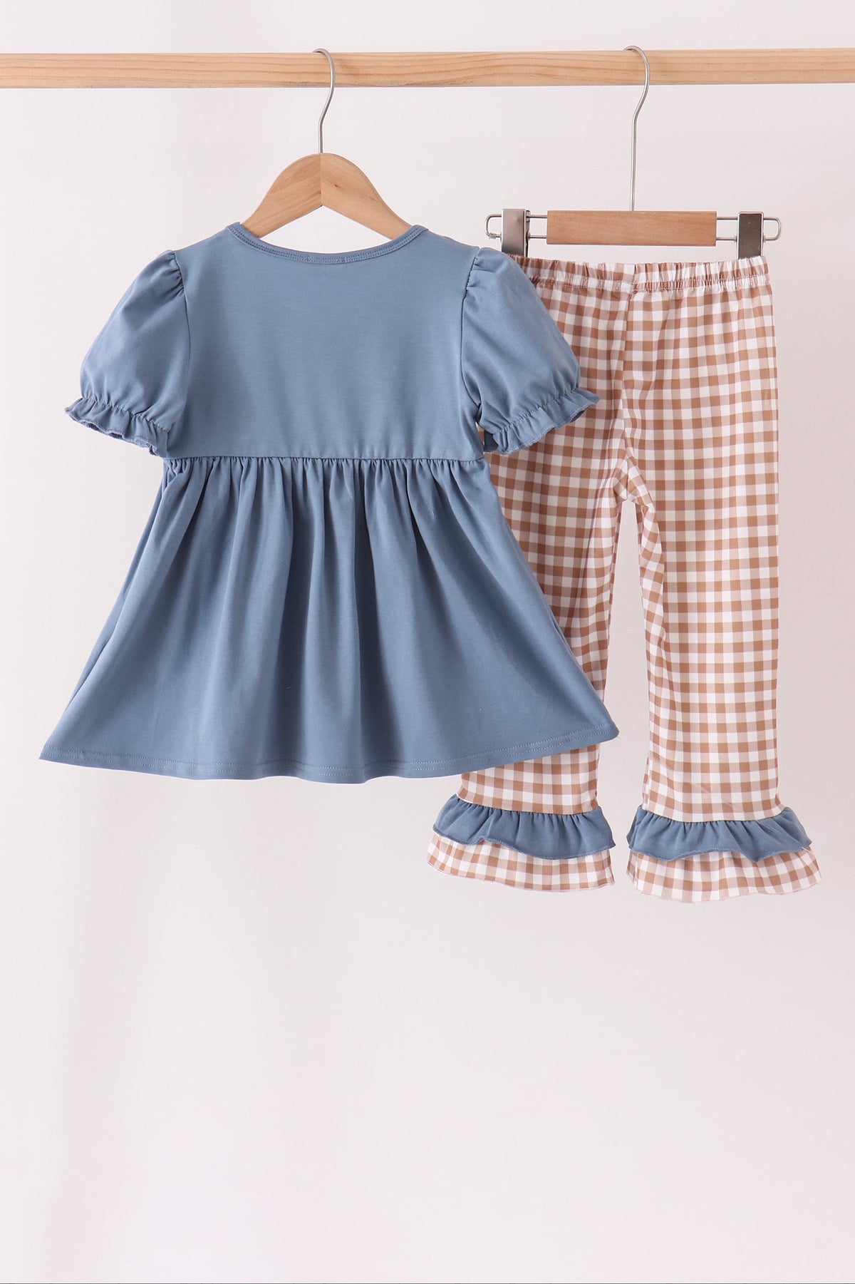 Blue Gingham Turkey & Pumpkin Ruffle Pants Set - Sweet Fall Style for Girls