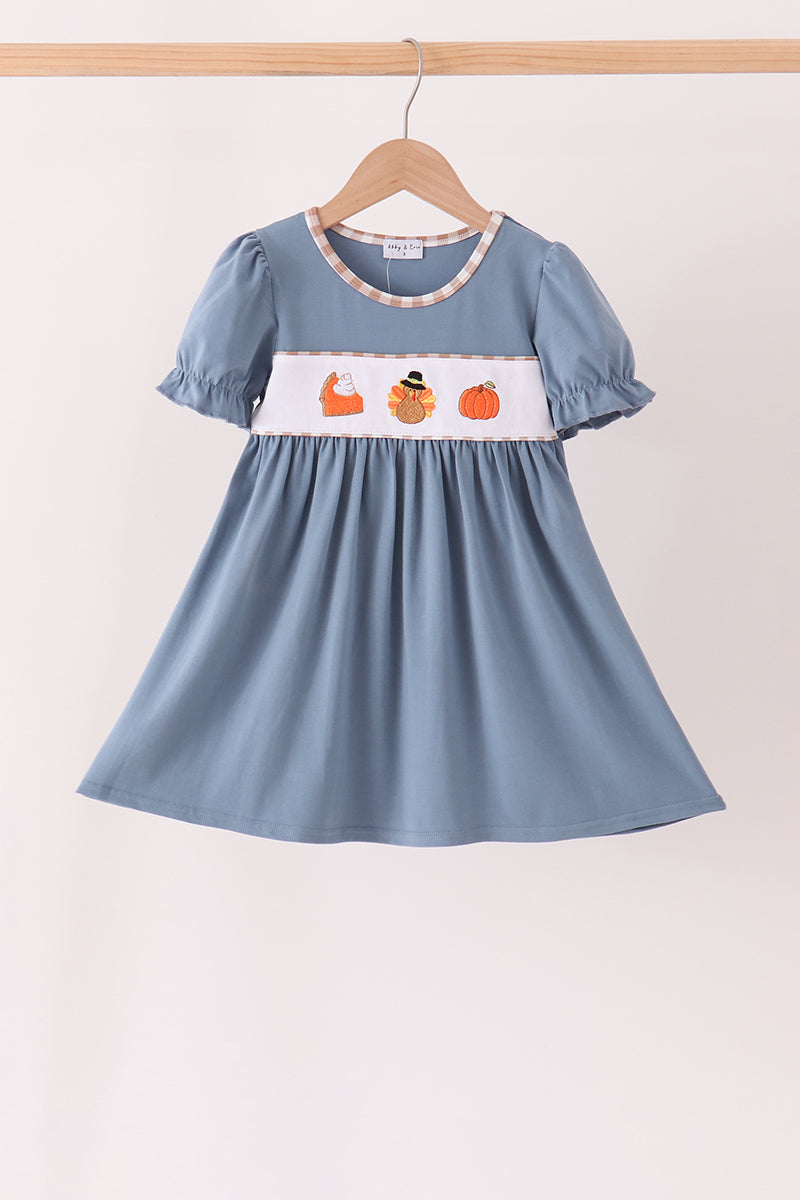 Blue Turkey & Pumpkin Embroidered Dress - Sweet Fall Style for Girls