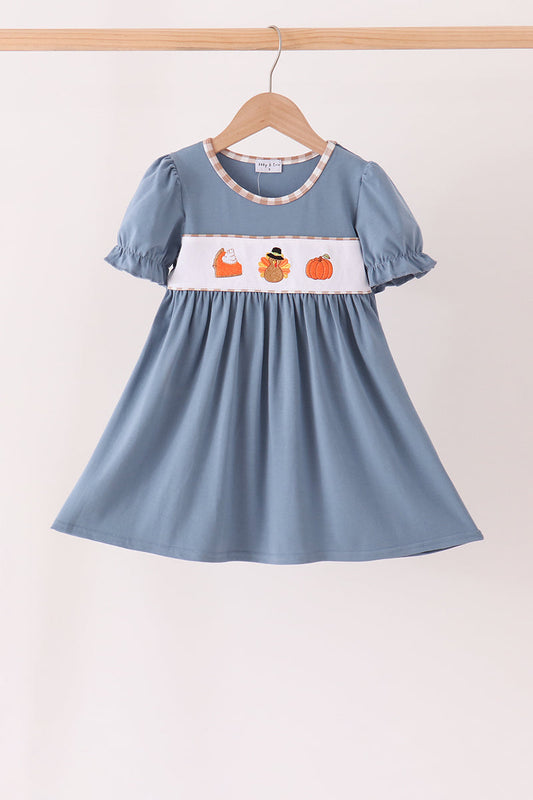 Blue Turkey & Pumpkin Embroidered Dress - Sweet Fall Style for Girls