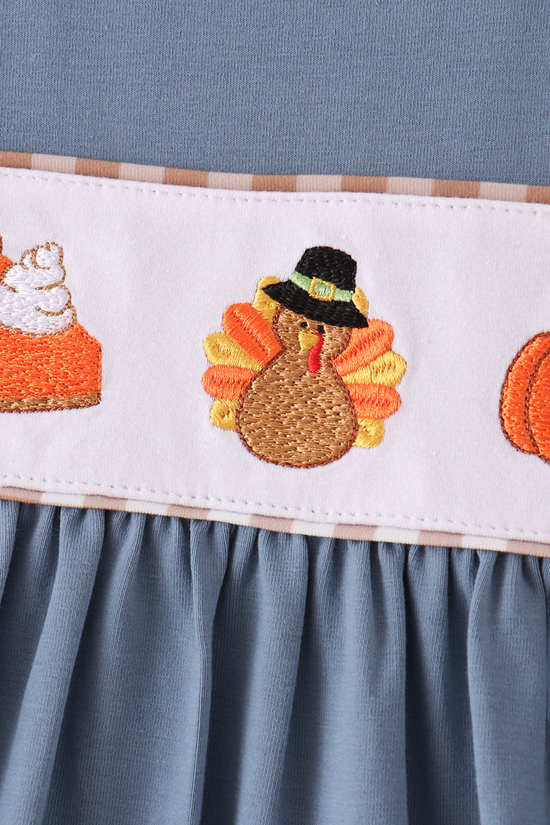 Blue Turkey & Pumpkin Embroidered Dress - Sweet Fall Style for Girls