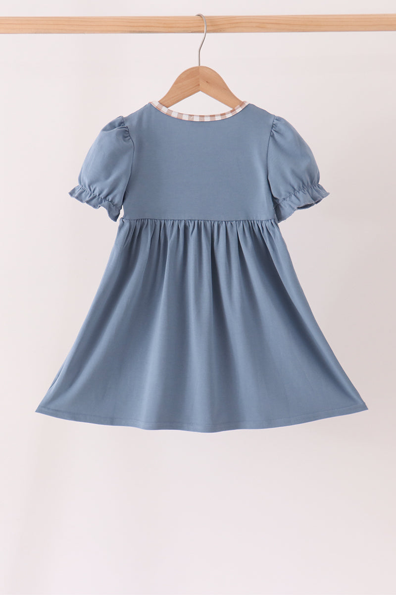 Blue Turkey & Pumpkin Embroidered Dress - Sweet Fall Style for Girls