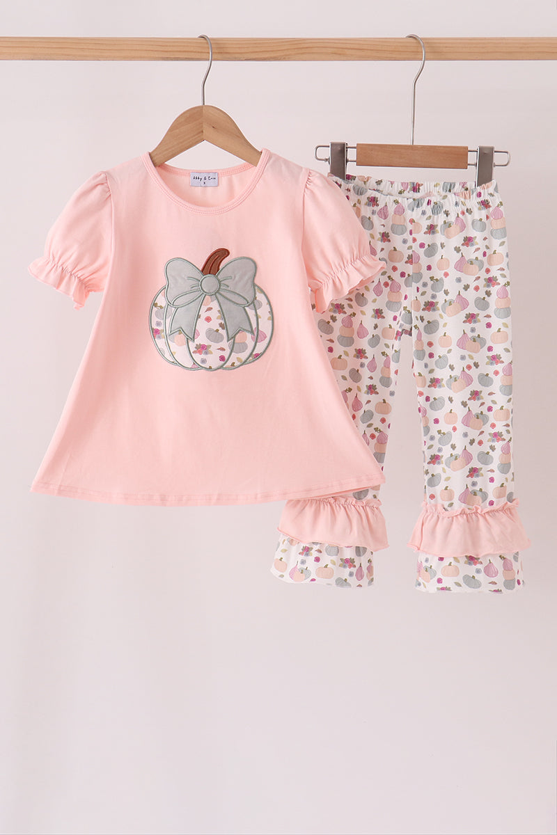 Pink Pumpkin Bow Appliqué Ruffle Pants Set - Sweet Fall Style for Girls