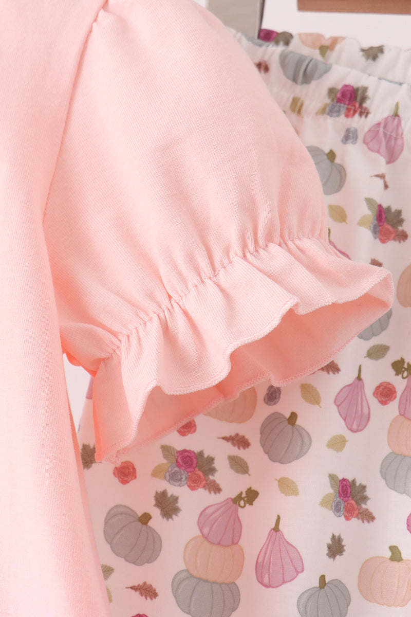 Pink Pumpkin Bow Appliqué Ruffle Pants Set - Sweet Fall Style for Girls