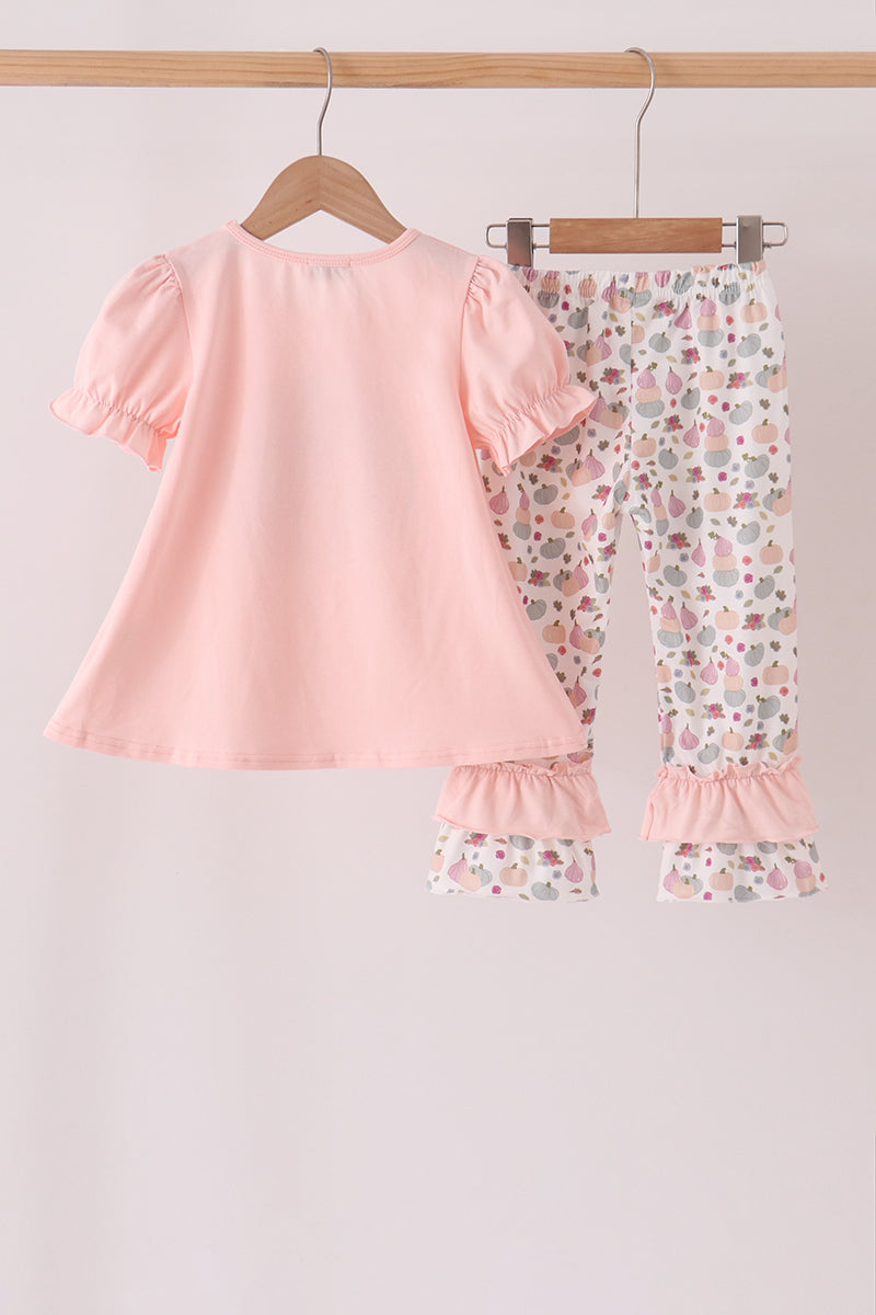 Pink Pumpkin Bow Appliqué Ruffle Pants Set - Sweet Fall Style for Girls