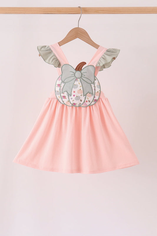Pink Pumpkin Bow Appliqué Ruffle Dress - Sweet Fall Style for Girls