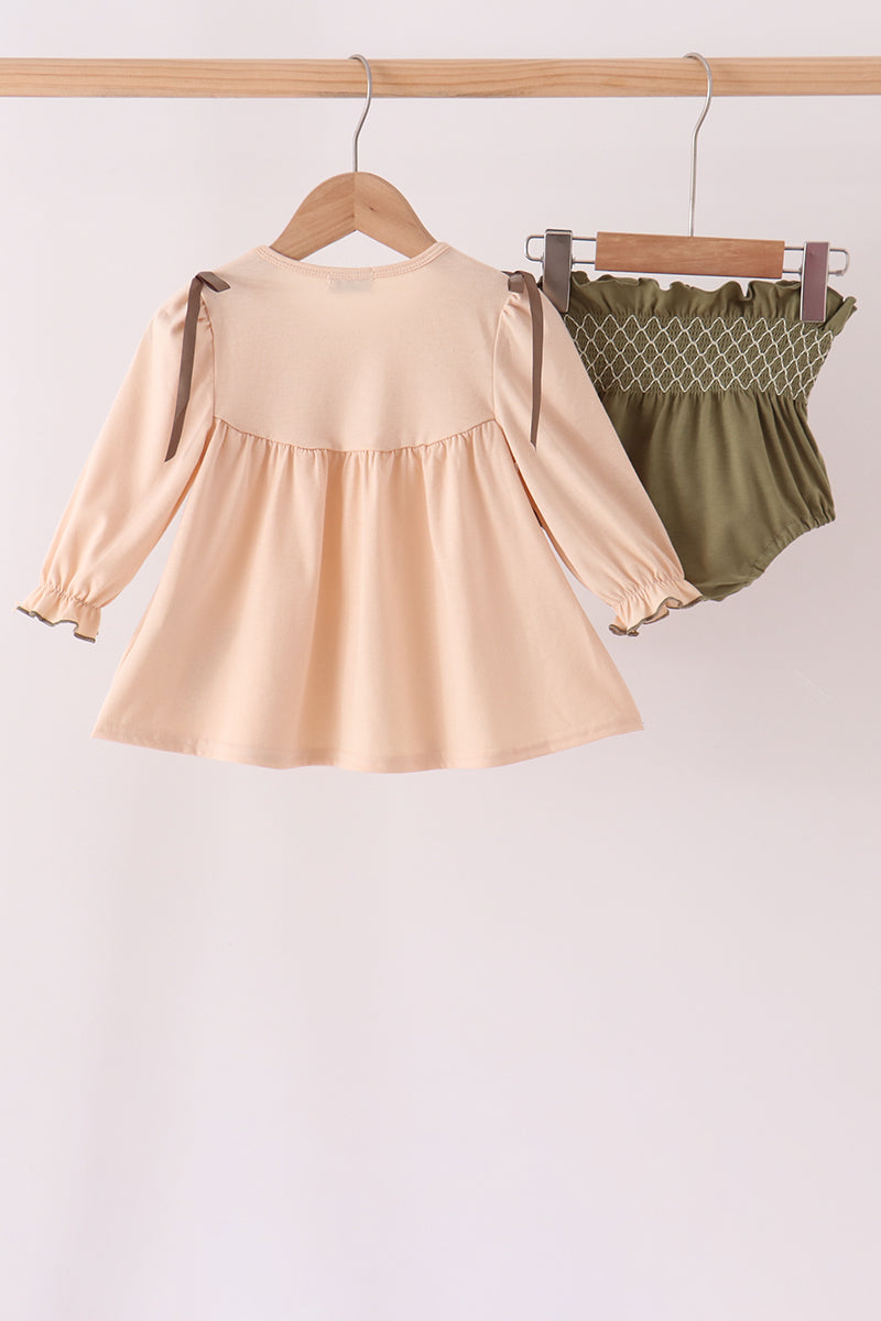 Khaki Floral Smocked Bloomer Set - Sweet Style for Little Girls