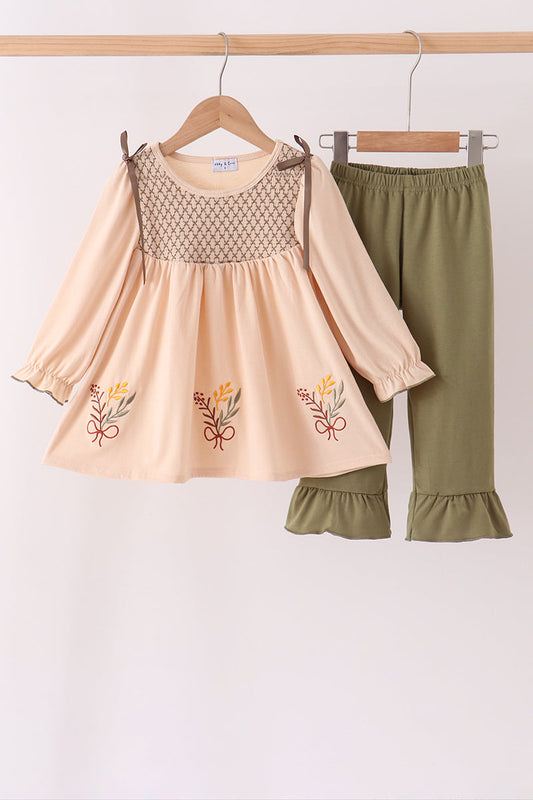 Khaki Floral Smocked Ruffle Pants Set - Sweet Style for Girls