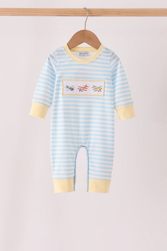 Blue Striped Airplane Embroidery Romper - Sweet Style for Little Ones