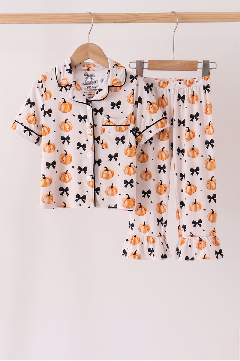 Bow Pumpkin Bamboo Ruffle Pajama Set - Cozy Fall Nights for Girls