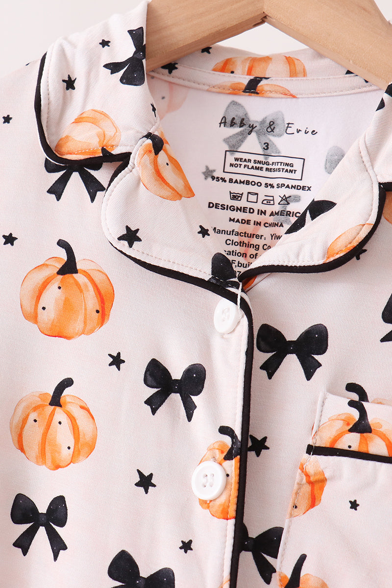 Bow Pumpkin Bamboo Ruffle Pajama Set - Cozy Fall Nights for Girls