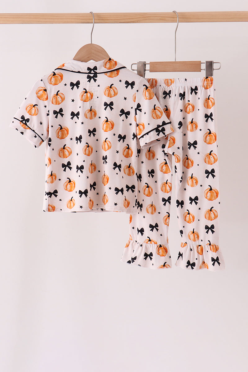 Bow Pumpkin Bamboo Ruffle Pajama Set - Cozy Fall Nights for Girls