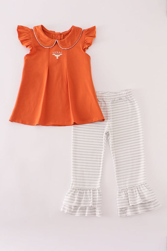 Rust Texas Embroidery Ruffle Pants Set