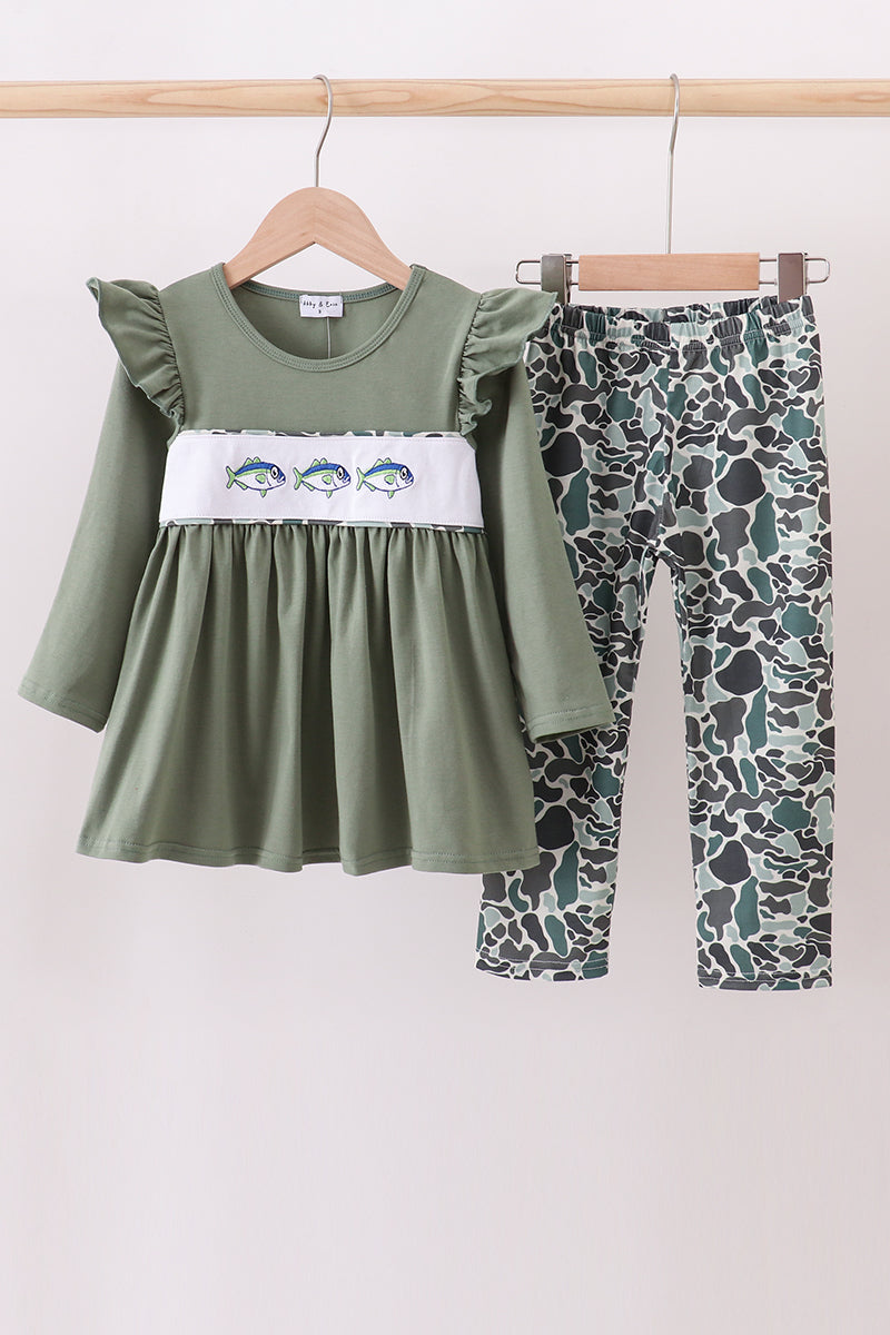 Camouflage Fish Embroidery Ruffle Pants Set