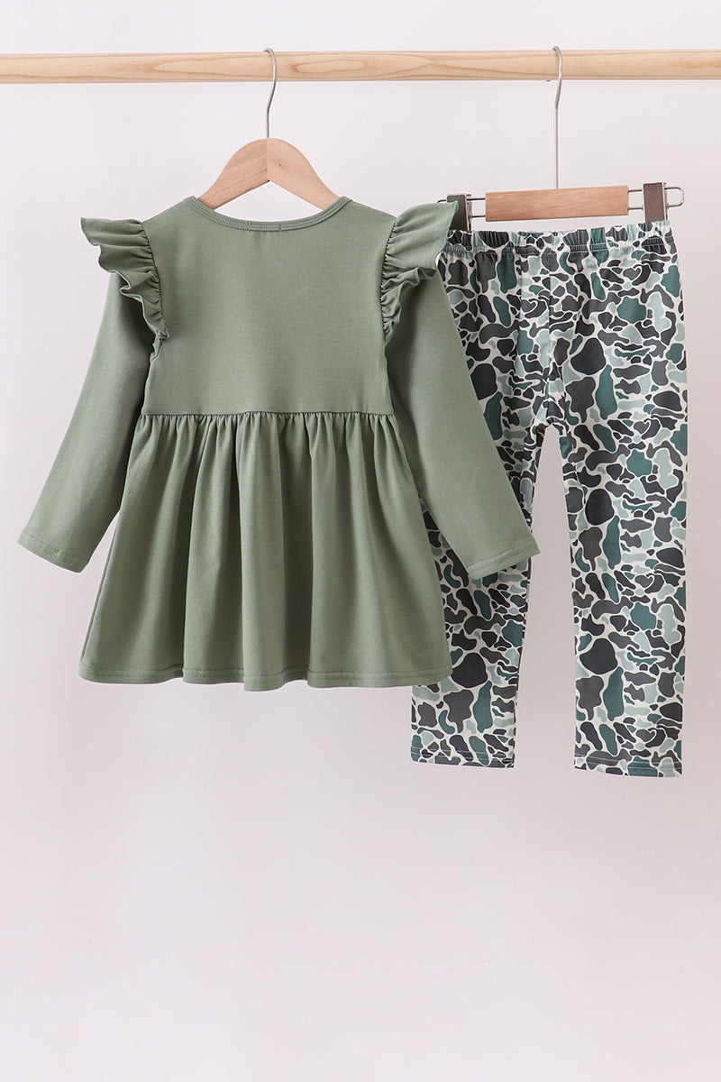 Camouflage Fish Embroidery Ruffle Pants Set