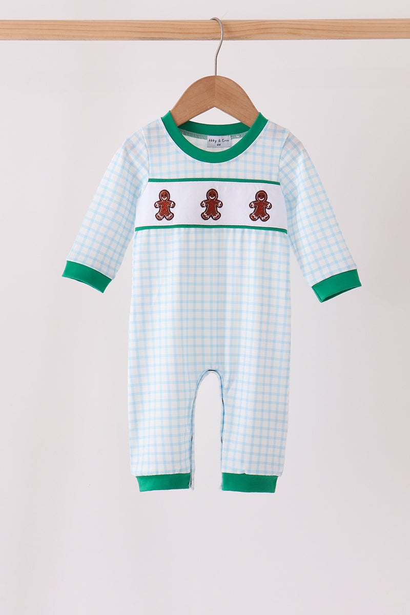 Blue Plaid Gingerbread Embroidered Romper - Sweet Christmas Style for Baby Boys