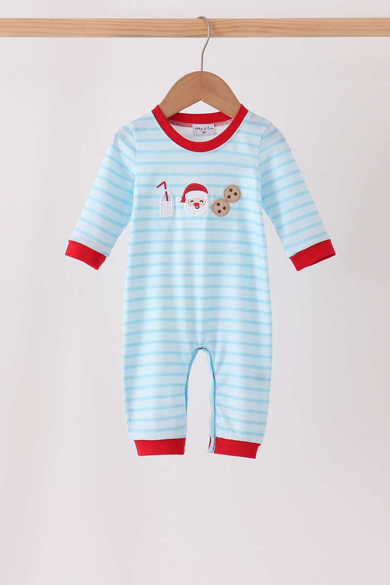 Blue Santa Milk & Cookies Stripe Romper - Sweet Christmas Style for Baby Boys