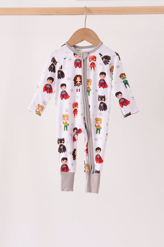 Grey Superhero Character Bamboo Zipper Romper - Playful Style for Baby Boys