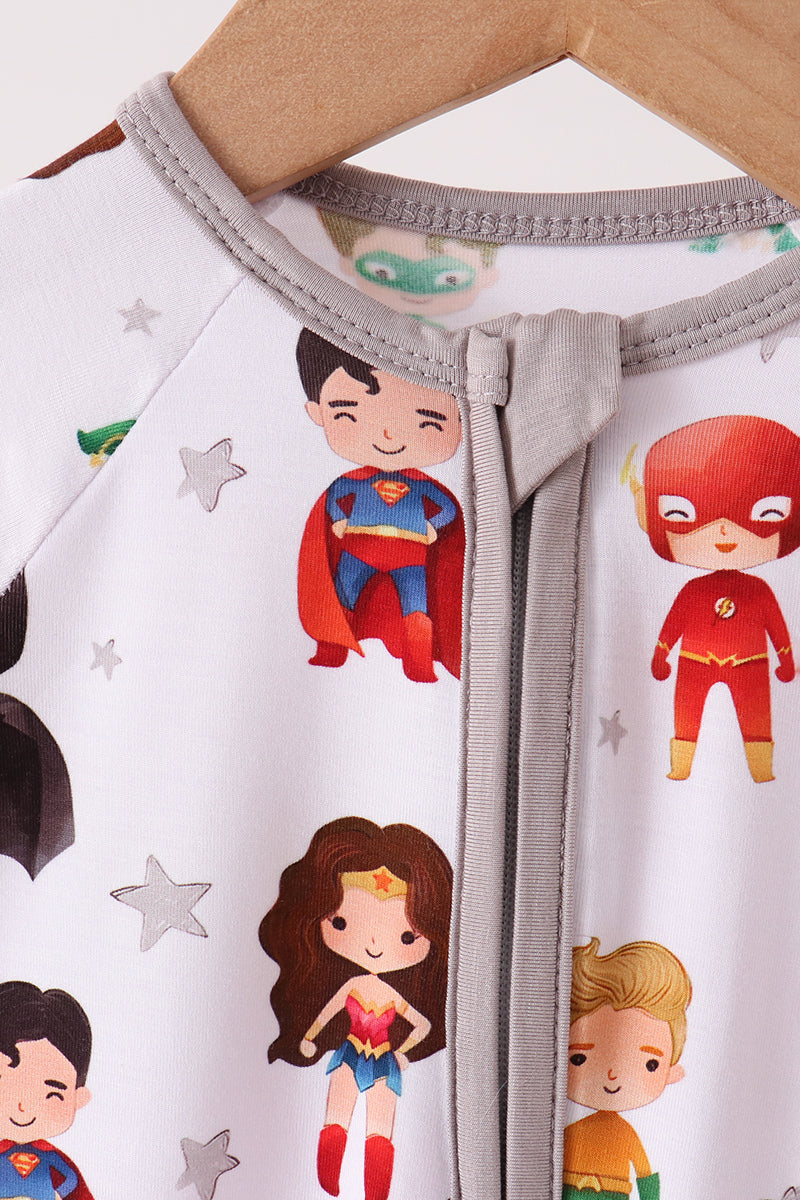 Grey Superhero Character Bamboo Zipper Romper - Playful Style for Baby Boys