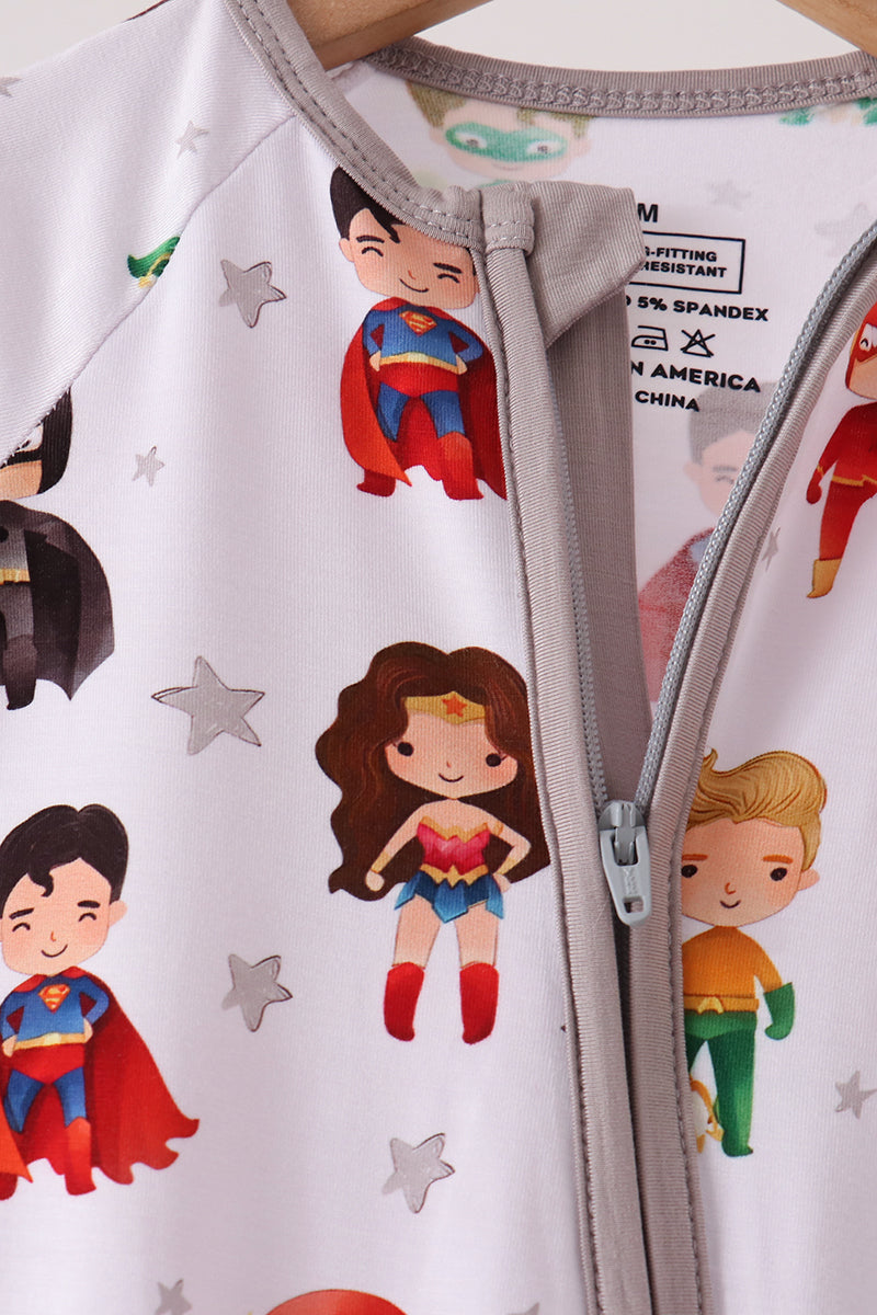 Grey Superhero Character Bamboo Zipper Romper - Playful Style for Baby Boys