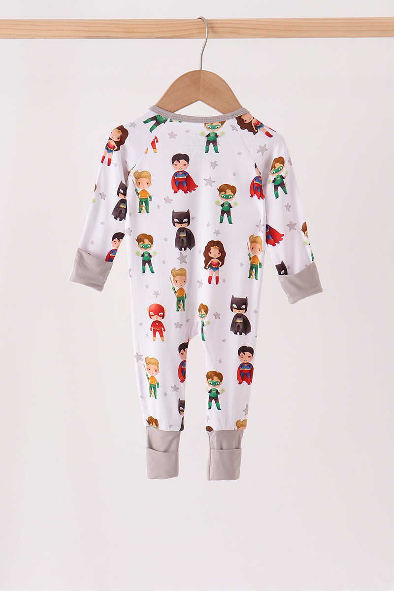 Grey Superhero Character Bamboo Zipper Romper - Playful Style for Baby Boys