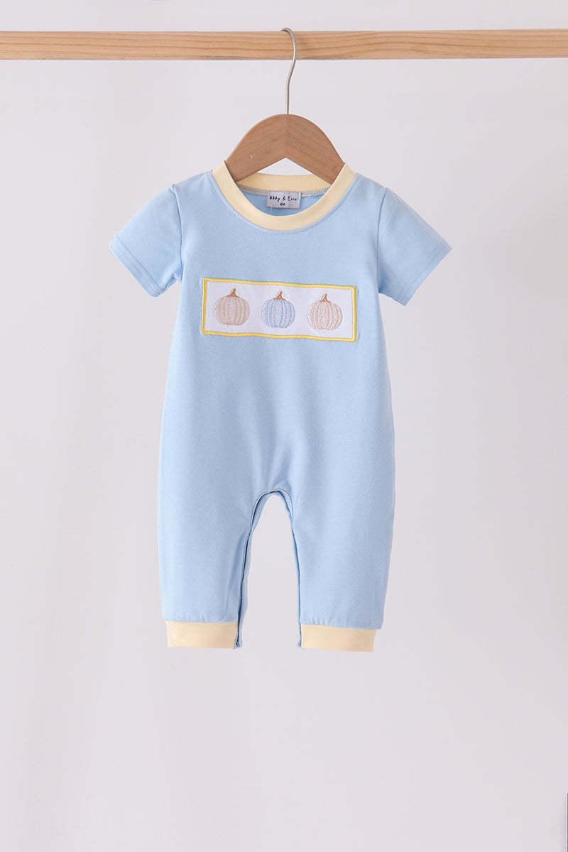 Blue Pumpkin Embroidered Romper - Sweet Fall Style for Baby Boys