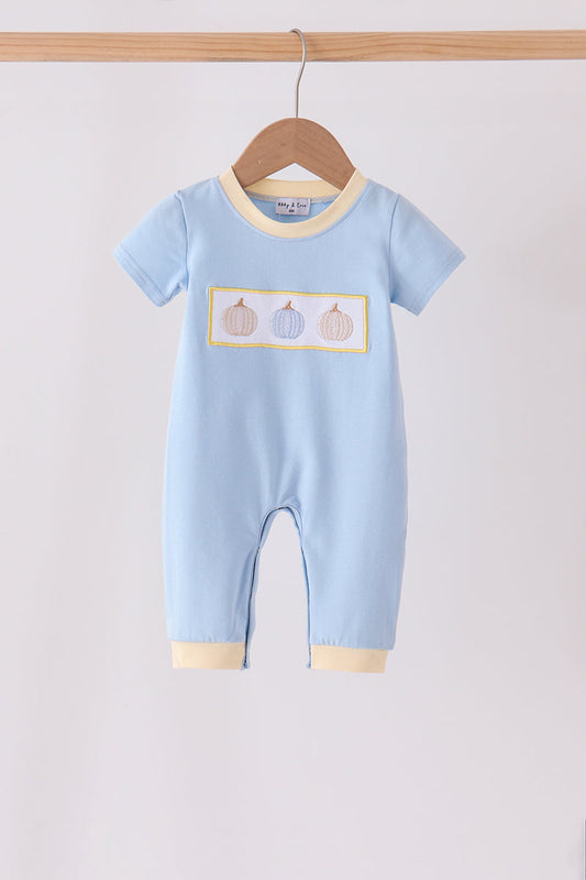 Blue Pumpkin Embroidered Romper - Sweet Fall Style for Baby Boys