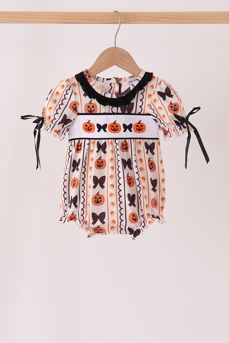 Pumpkin Bow Embroidery Ruffle Bubble - Sweet Baby Girl Fall Style