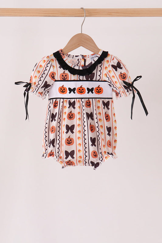 Pumpkin Bow Embroidery Ruffle Bubble - Sweet Baby Girl Fall Style