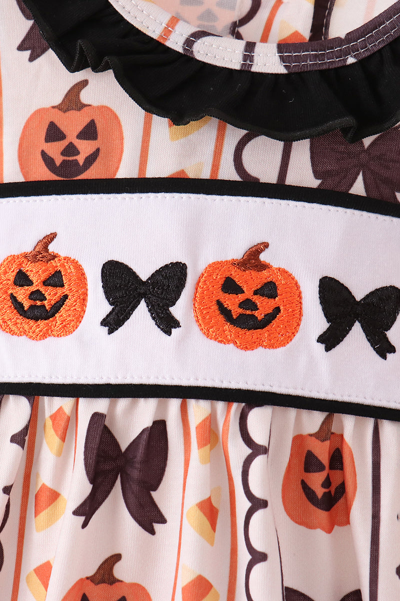 Pumpkin Bow Embroidery Ruffle Bubble - Sweet Baby Girl Fall Style